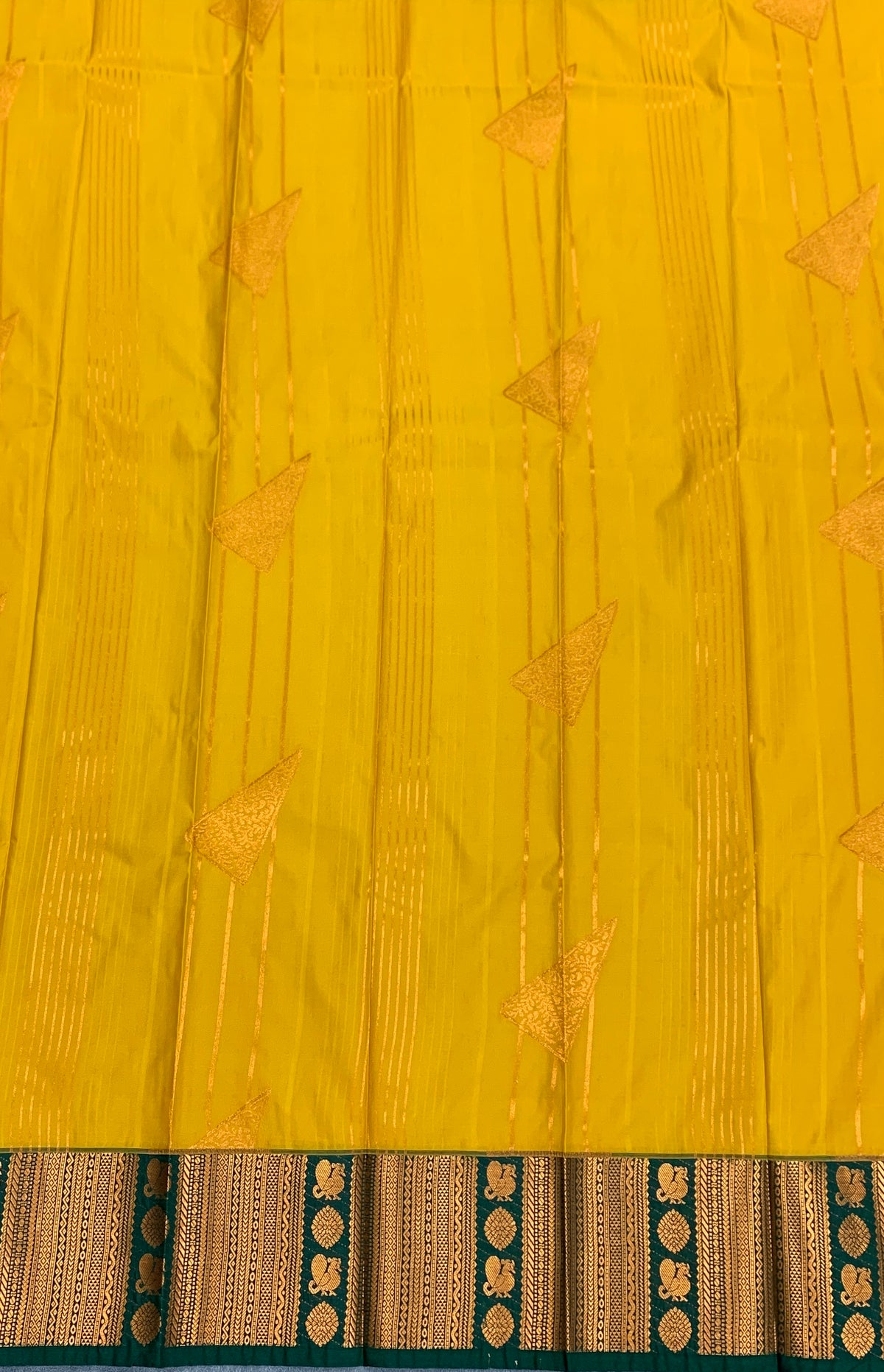 Soft Silk Casual Saree Golden Mustard Colour with Green and Copper Zari Border