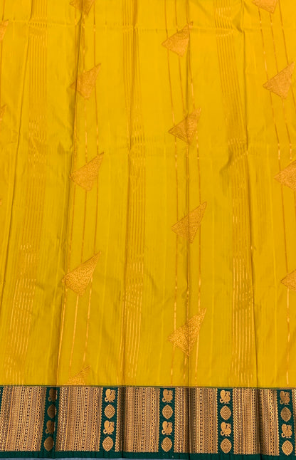 Soft Silk Casual Saree Golden Mustard Colour with Green and Copper Zari Border