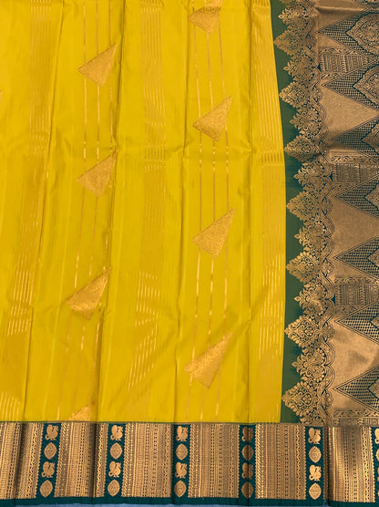 Soft Silk Casual Saree Golden Mustard Colour with Green and Copper Zari Border
