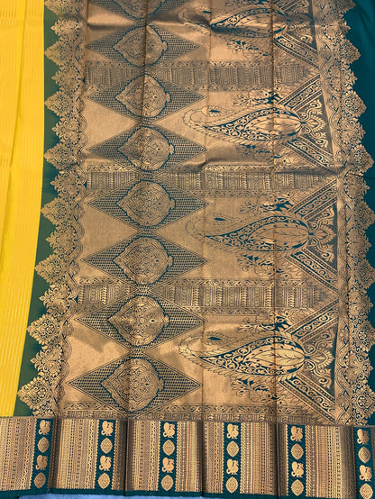 Soft Silk Casual Saree Golden Mustard Colour with Green and Copper Zari Border