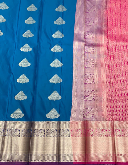 Soft Silk Casual Saree Sky Blue Colour with Golden Zari Border