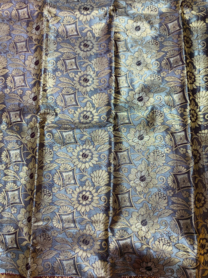 Vegan Silk Saree Golden Gray Colour with Floral design