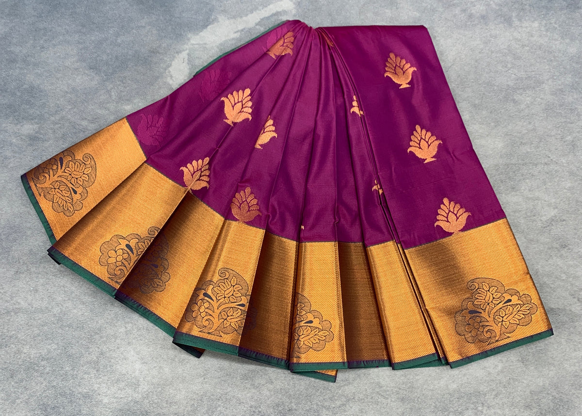 Soft Silk Casual Saree Magenta Colour with Copper Zari Border