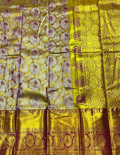 Golden shade Soft kanchi pattu with Maroon and Golden Border Flower Design