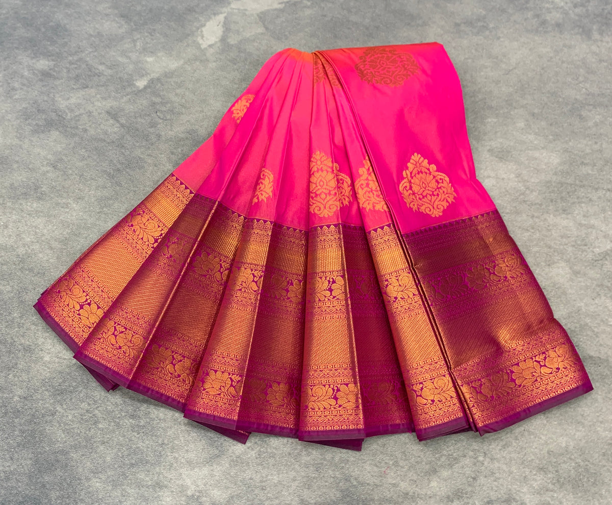 Soft Silk Casual Saree Rani Pink Colour with Copper Zari Border