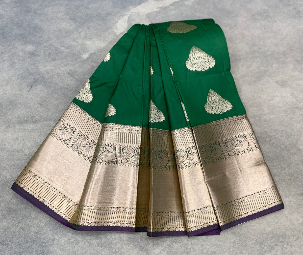 Soft Silk Casual Saree Green Colour with Golden Zari Border
