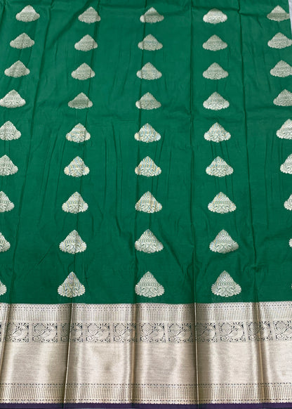 Soft Silk Casual Saree Green Colour with Golden Zari Border