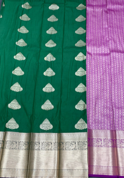 Soft Silk Casual Saree Green Colour with Golden Zari Border