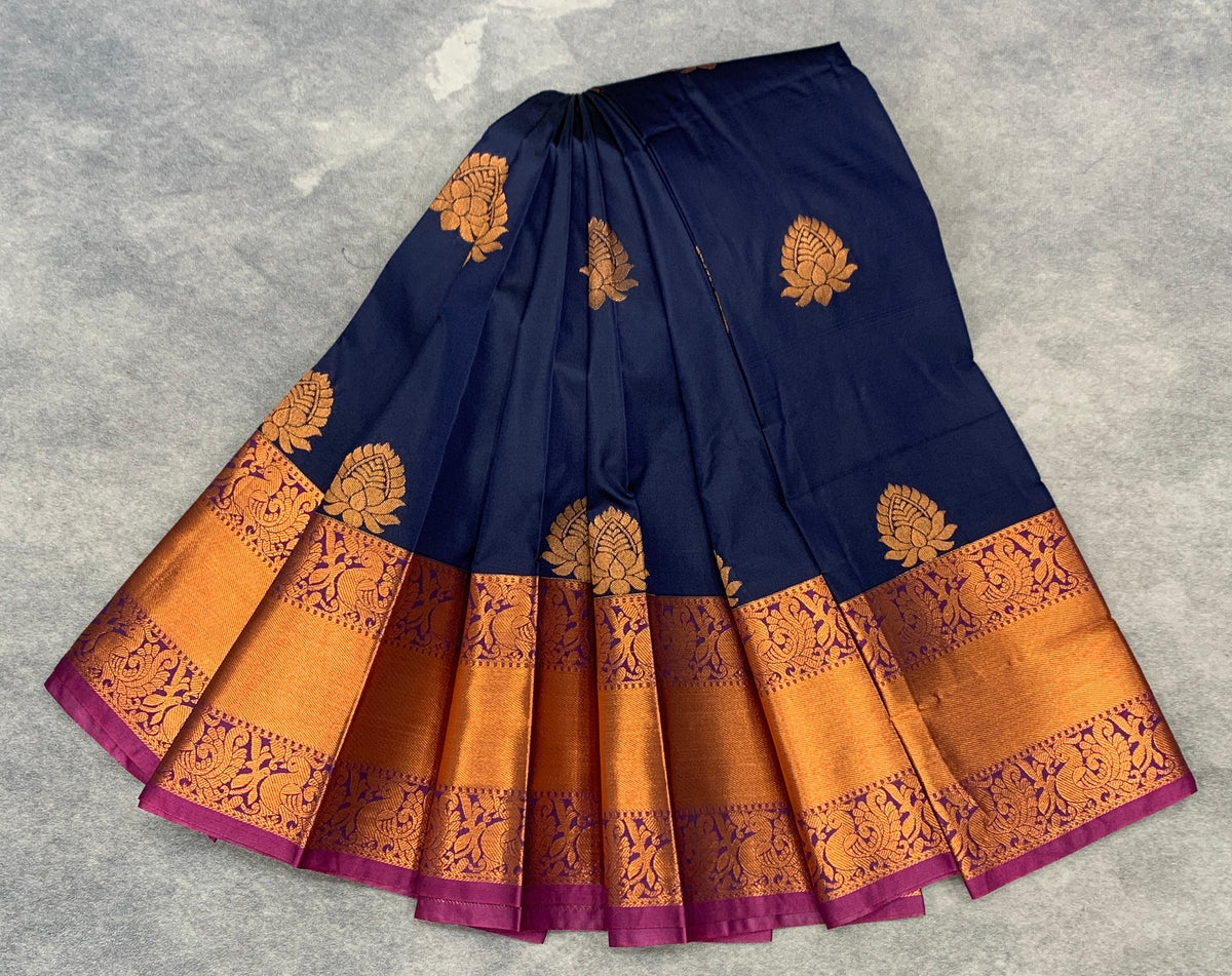 Soft Silk Casual Saree Navy Blue Colour with Copper Zari Border