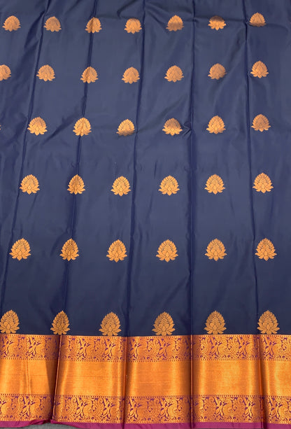 Soft Silk Casual Saree Navy Blue Colour with Copper Zari Border