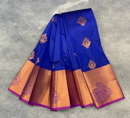 Soft Silk Casual Saree Pepsi Blue Colour with Copper Zari Border