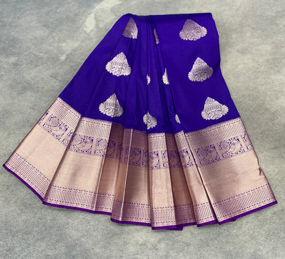 Soft Silk Casual Saree Violet Colour with Golden Zari Border