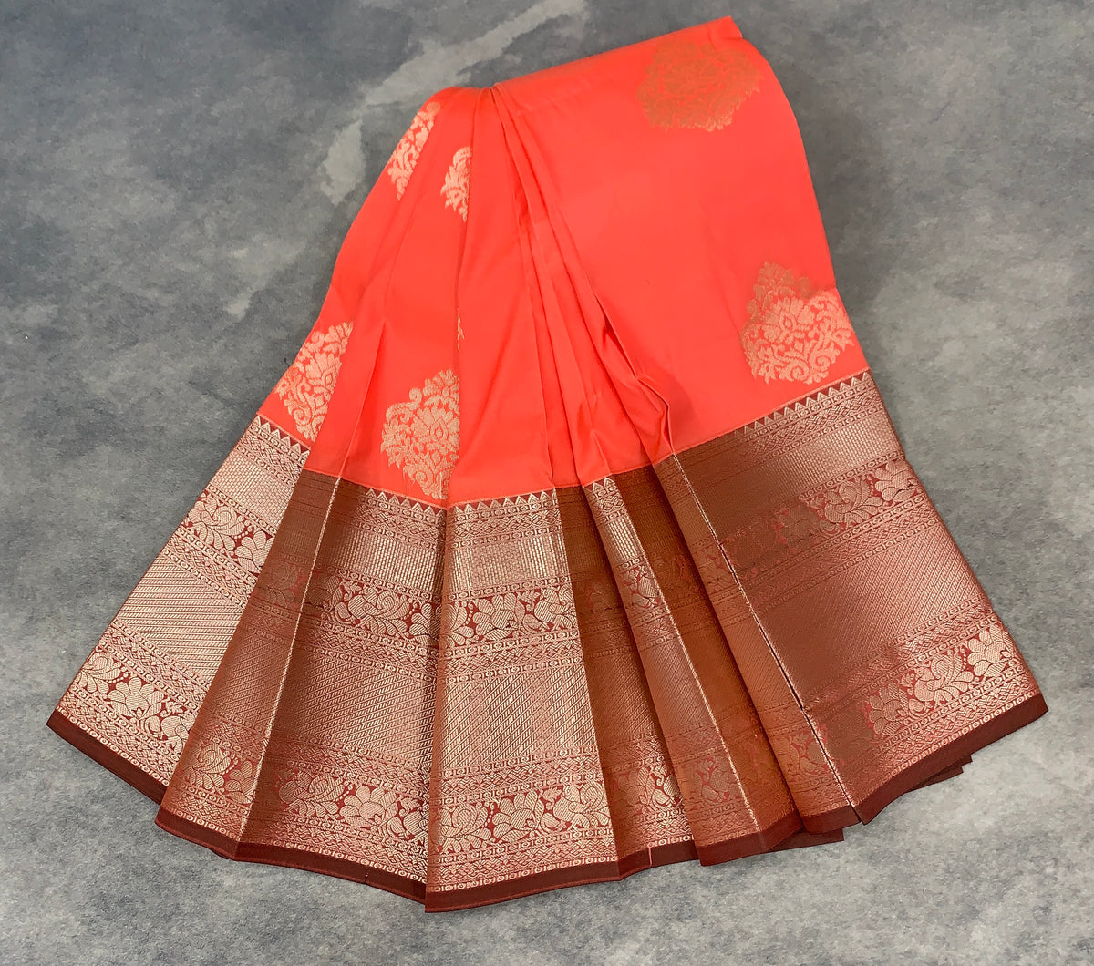 Soft Silk Casual Saree Peaches Orange Colour with Copper Zari Border