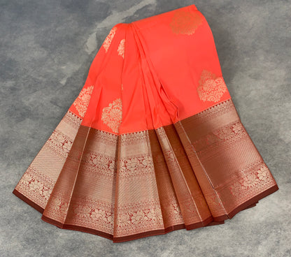 Soft Silk Casual Saree Peaches Orange Colour with Copper Zari Border