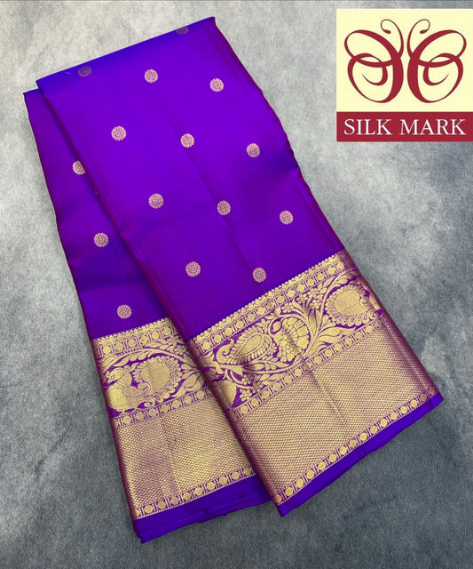 Pure Kanchipuram Silk Saree Purple Colour with Metallic Golden zari Border