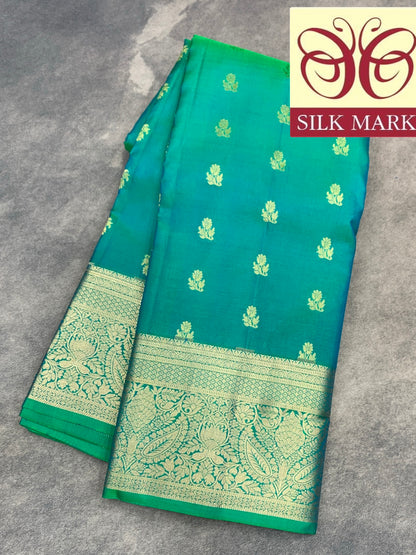 Pure Kanchipuram Silk Saree Sapphire Colour with Golden zari Border