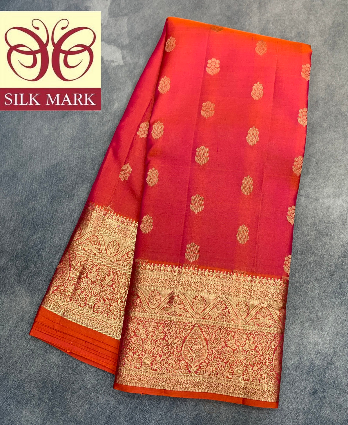 Pure Kanchipuram Silk Saree Peach Colour with Golden zari Border
