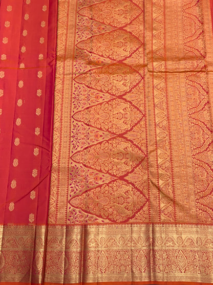 Pure Kanchipuram Silk Saree Peach Colour with Golden zari Border