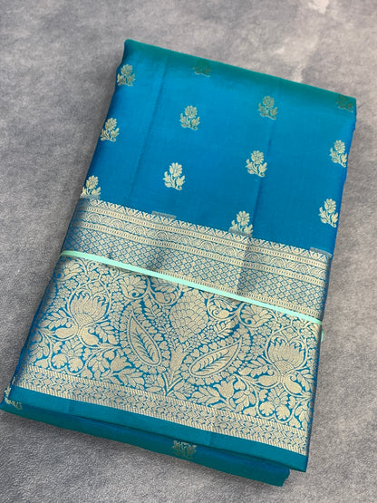 Pure Kanchipuram Silk Saree Sky Blue Colour with Golden zari Border