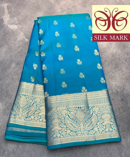 Pure Kanchipuram Silk Saree Sky Blue Colour with Golden zari Border