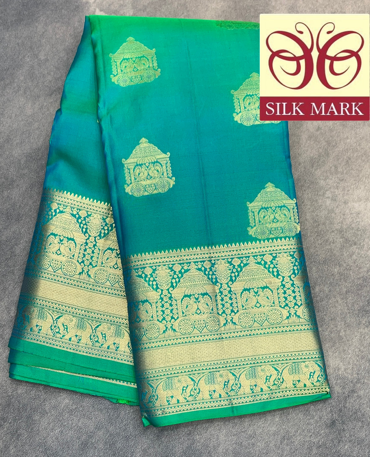 Pure Kanchipuram Silk Saree Sapphire Colour with Metallic Golden zari Border