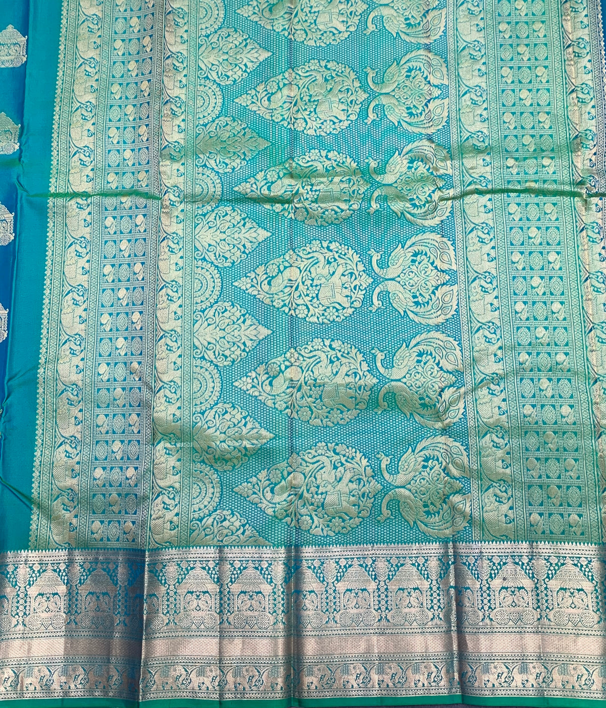 Pure Kanchipuram Silk Saree Sapphire Colour with Metallic Golden zari Border