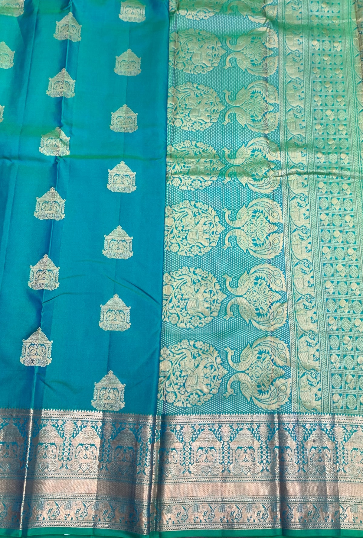 Pure Kanchipuram Silk Saree Sapphire Colour with Metallic Golden zari Border
