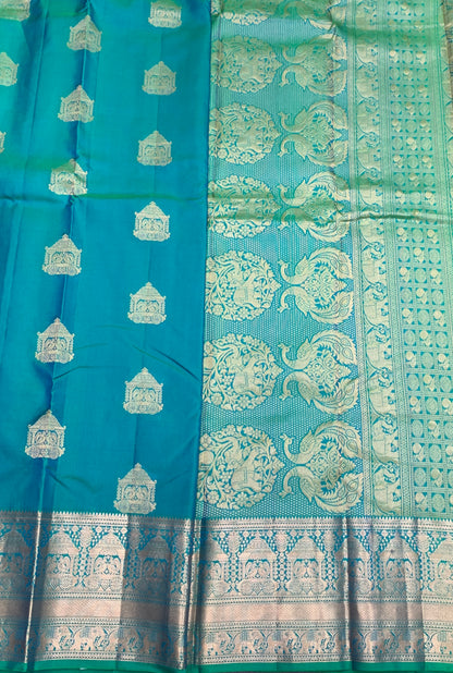 Pure Kanchipuram Silk Saree Sapphire Colour with Metallic Golden zari Border