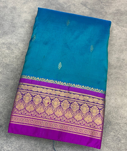 Pure Kanchipuram Silk Peacock Blue Colour with Magenta Color Border