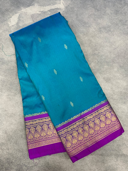 Pure Kanchipuram Silk Peacock Blue Colour with Magenta Color Border