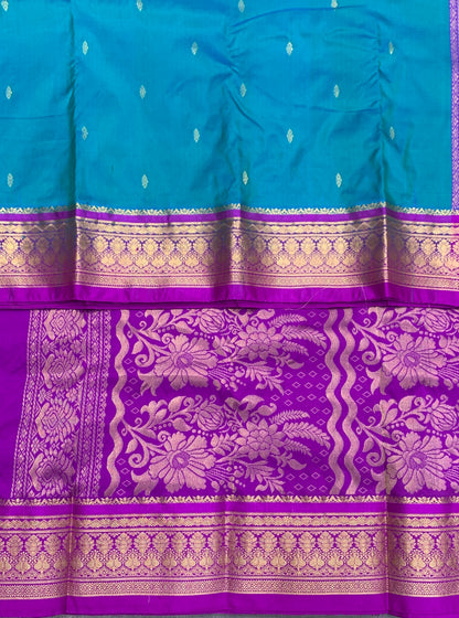 Pure Kanchipuram Silk Peacock Blue Colour with Magenta Color Border