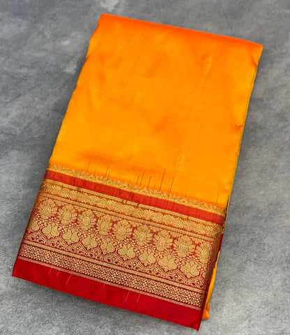 Pure Kanchipuram Silk Mango Yellow Colour with Red Colour Border