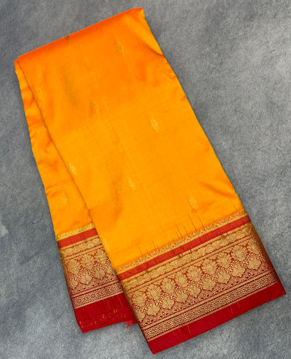 Pure Kanchipuram Silk Mango Yellow Colour with Red Colour Border