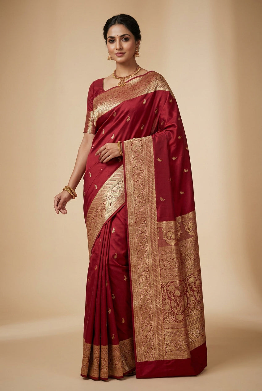 Pure Kanchipuram Silk Saree Maroon Colour with Golden zari Border