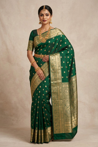 Pure Kanchipuram Silk Saree Emerald Green Colour with Golden zari Border