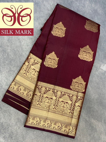 Pure Kanchipuram Silk Saree Maroon Colour with Golden zari Border