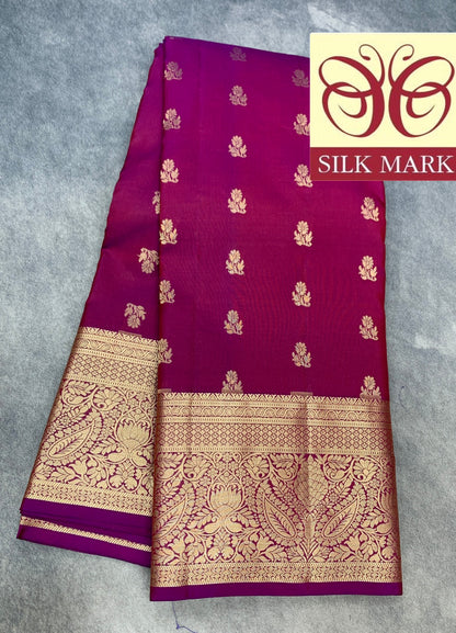 Pure Kanchipuram Silk Saree Magenta Colour with Golden zari Border