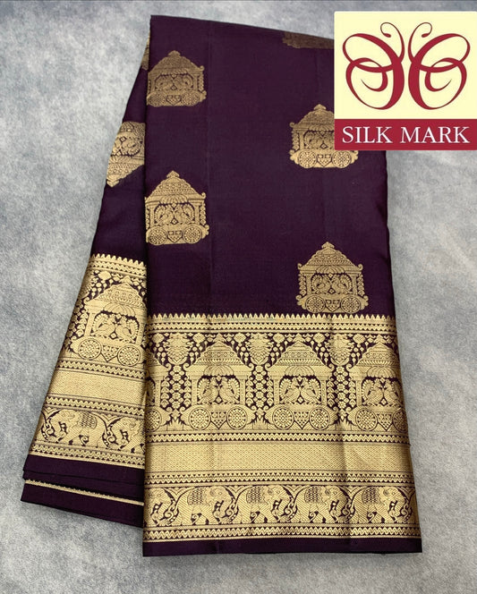 Pure Kanchipuram Silk Saree Brown Colour with Golden zari Border