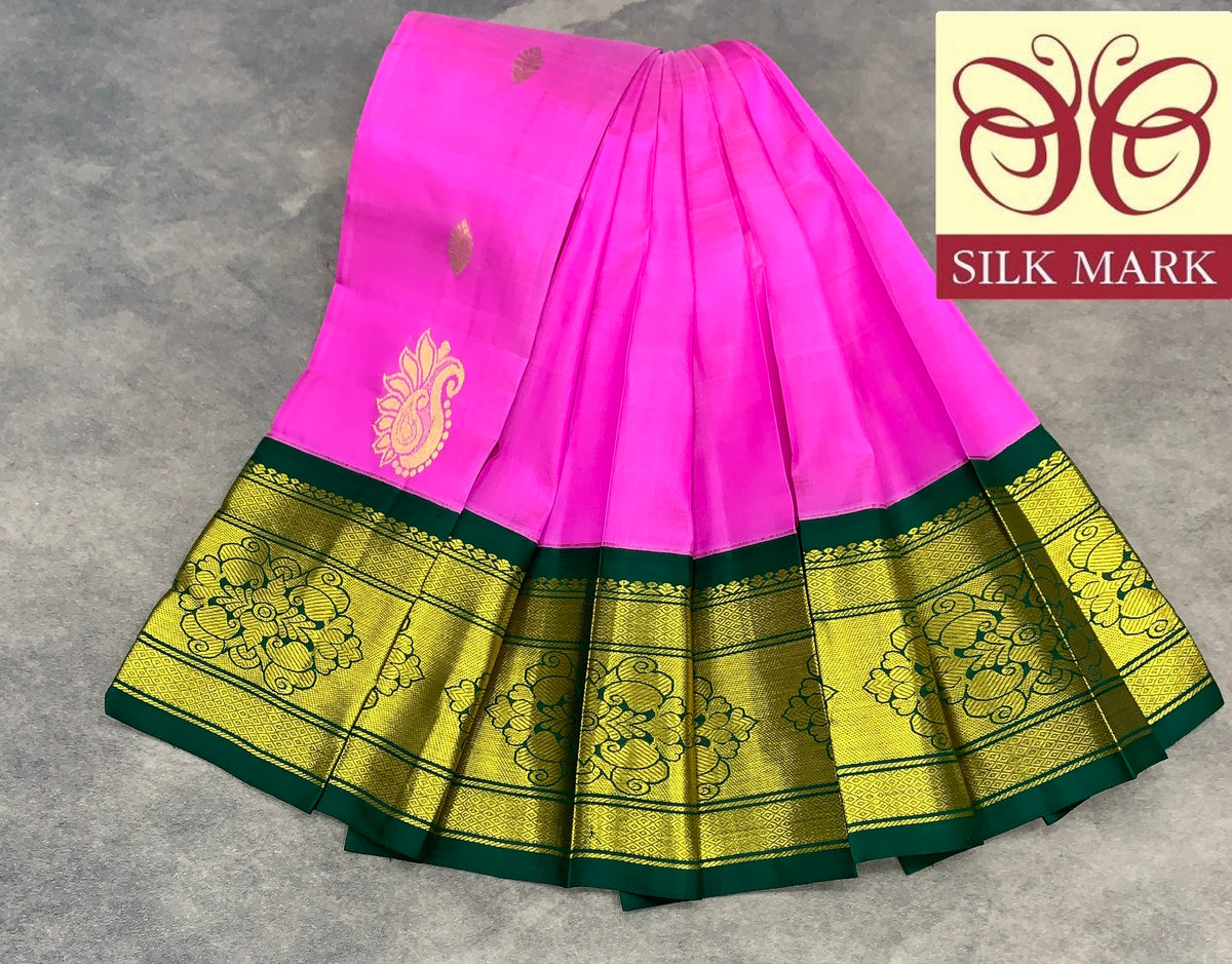 Pure Kanchipuram Silk Saree Baby Pink Colour with Green and Gold Zari Border