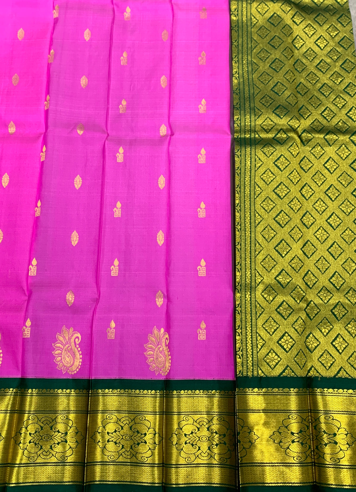 Pure Kanchipuram Silk Saree Baby Pink Colour with Green and Gold Zari Border