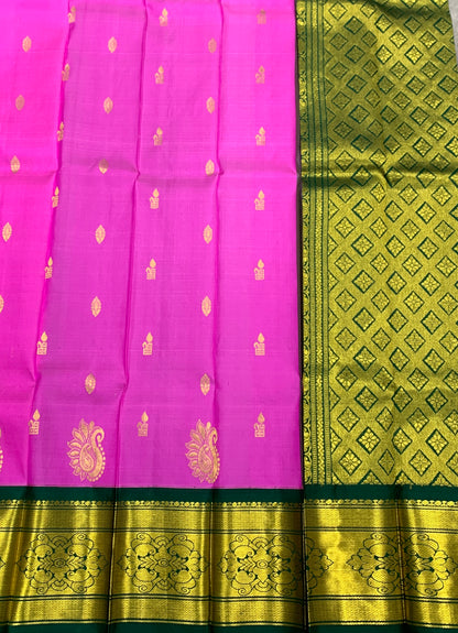 Pure Kanchipuram Silk Saree Baby Pink Colour with Green and Gold Zari Border