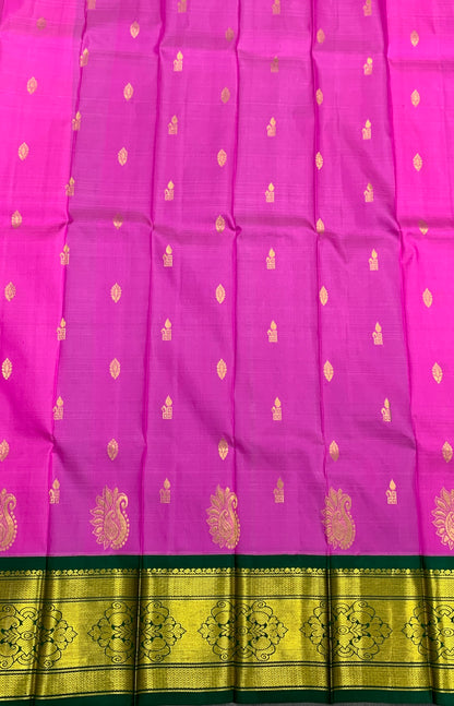 Pure Kanchipuram Silk Saree Baby Pink Colour with Green and Gold Zari Border