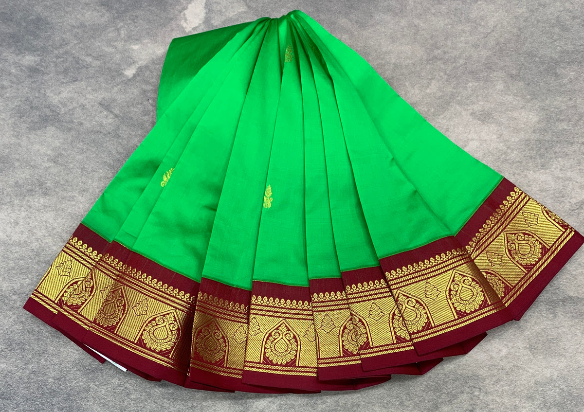 Semi Silk Saree Light Green Colour with Maroon and Gold Zari Border