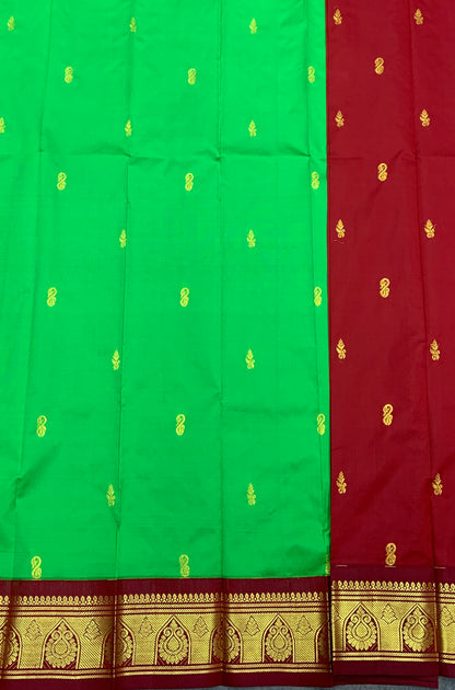 Semi Silk Saree Light Green Colour with Maroon and Gold Zari Border