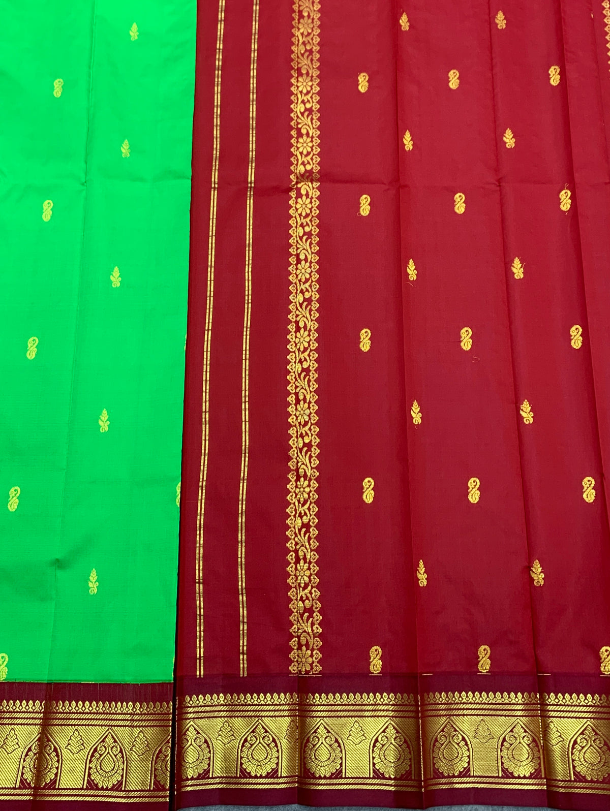 Semi Silk Saree Light Green Colour with Maroon and Gold Zari Border