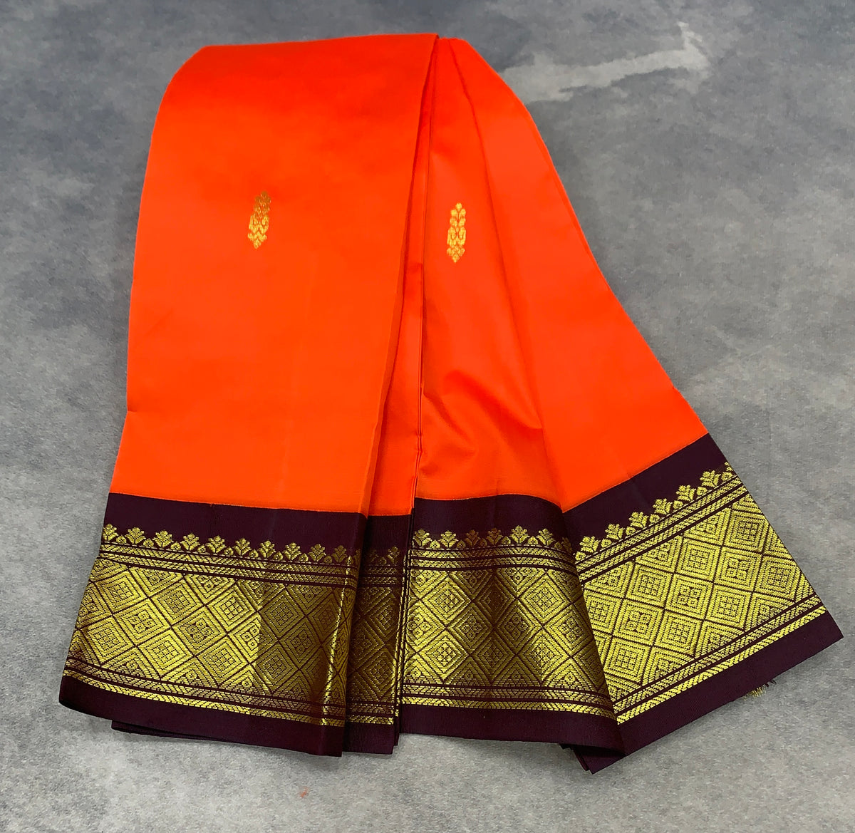 Semi Silk Saree Orange Colour with Brown and Gold Zari Border