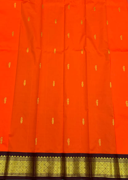 Semi Silk Saree Orange Colour with Brown and Gold Zari Border