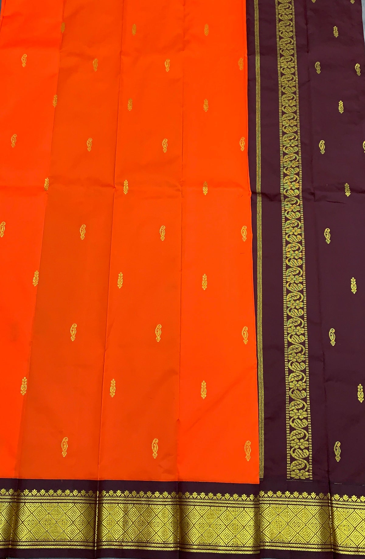 Semi Silk Saree Orange Colour with Brown and Gold Zari Border