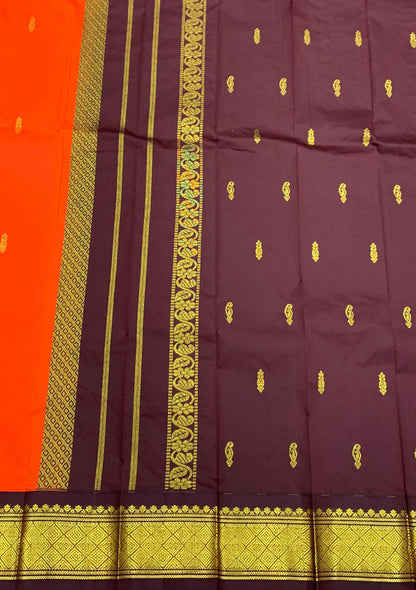 Semi Silk Saree Orange Colour with Brown and Gold Zari Border
