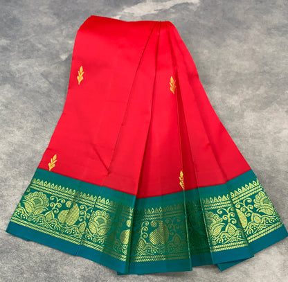 Semi Silk Saree Red Colour with Teal Green and Gold Zari Border